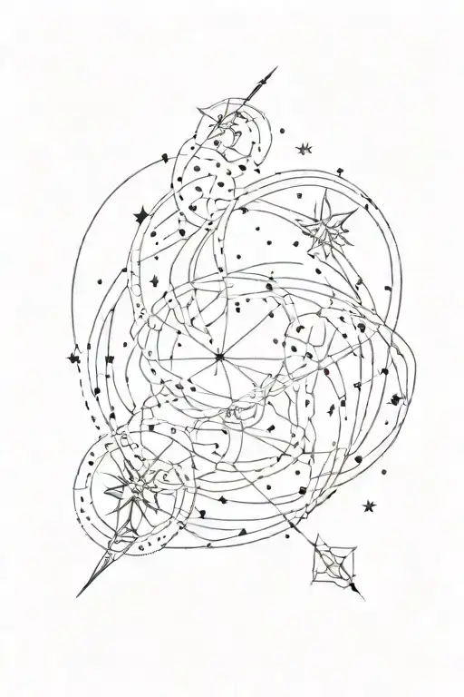 A celestial scene with stars, dots, and lines forming the Gemini and Taurus constellations intertwined in a cosmic dance tattoo design idea