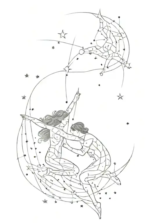 A celestial scene with stars, dots, and lines forming the Gemini and Taurus constellations intertwined in a cosmic dance tattoo design idea