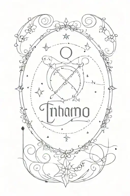A delicate dotwork design featuring the word 'intentamos' in a celestial font, surrounded by Gemini and Taurus constellation patterns tattoo design idea