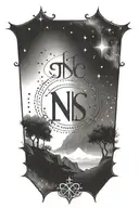 A delicate dotwork design featuring the word 'intentamos' in a celestial font, surrounded by Gemini and Taurus constellation patterns tattoo design idea