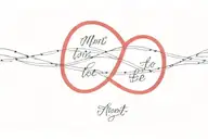 A fine line and dotted design of two intertwined red strings with the quote 'meant to be' in cursive  tattoo design idea