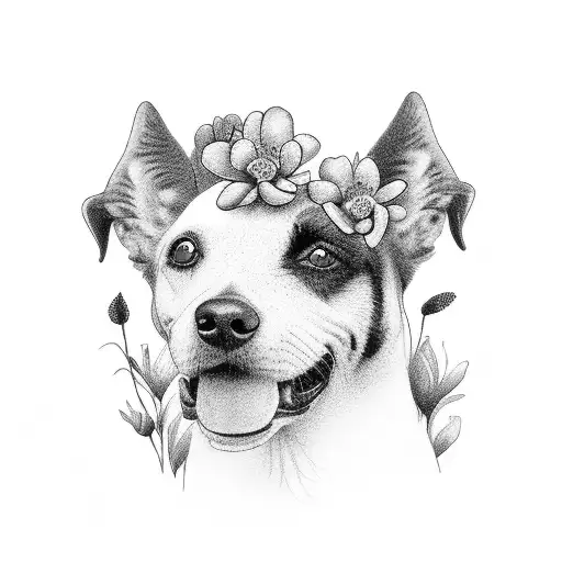 A black-grey tattoo of a farm landscape with a silhouette of a dog running through a field of flowers, capturing the essence of the client's life as a farm hand and their love for dogs and nature tattoo design idea