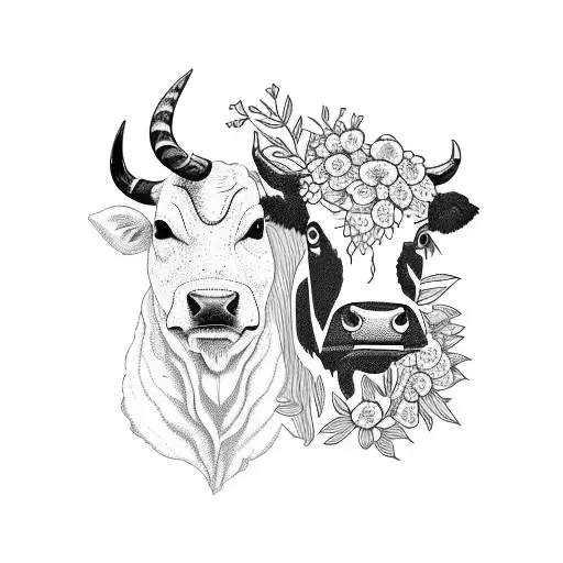 A stylized blackwork tattoo of a cow and a dog surrounded by a variety of flowers, representing the client's love for cattle, dogs, and nature tattoo design idea