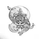 upper thigh/hip bone tattoo, including a moon, flowers, an anchor  tattoo design idea