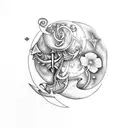 upper thigh/hip bone tattoo, including a moon, flowers, an anchor  tattoo design idea