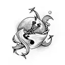 upper thigh/hip bone tattoo, including a moon, flowers on the side and an anchor  tattoo design idea