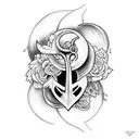 upper thigh/hip bone tattoo, including a moon, flowers on the side and an anchor  tattoo design idea