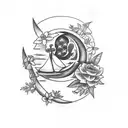 upper thigh/hip bone tattoo, including a moon, flowers on the side and an anchor  tattoo design idea
