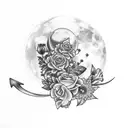 upper thigh/hip bone tattoo, including a moon, flowers on the side and an anchor  tattoo design idea