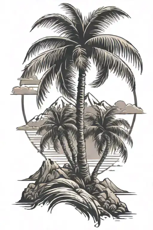 Palm trees and mountains tattoo design idea