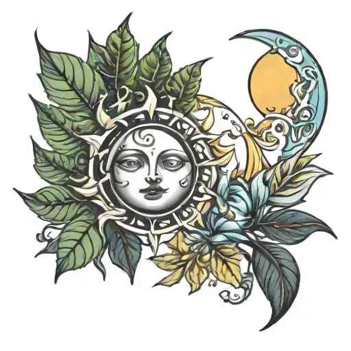 sun and moon and leaves  tattoo design idea