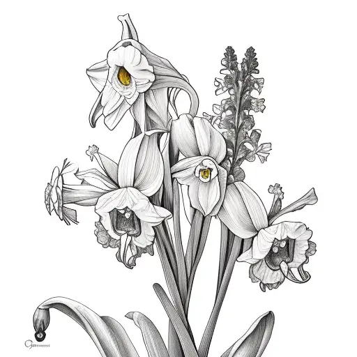 daffodil, larkspur, morning glory bouquet  tattoo design idea