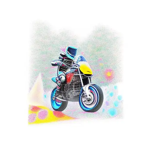 A motorcycle racing through a forest with psychedelic colors tattoo design idea
