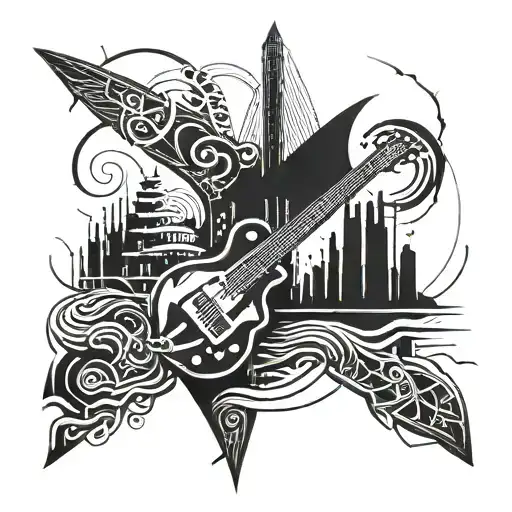 Tatoo, forearm, Mixed hitech skyscraper design with sailing sport boat ang guitar, symbolical, Black and white tattoo design idea