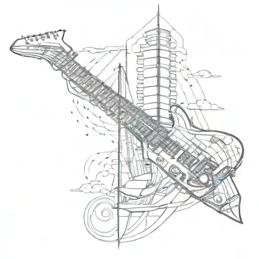 Tatoo, forearm, Mixed hitech skyscraper design with sailing sport boat ang guitar, symbolical, Black and white tattoo design idea