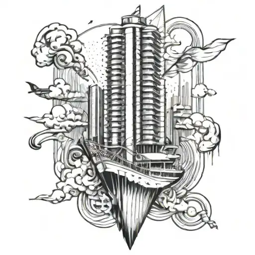 Tatoo, forearm, Mixed hitech skyscraper design with sailing sport boat ang guitar, symbolical, Black and white tattoo design idea