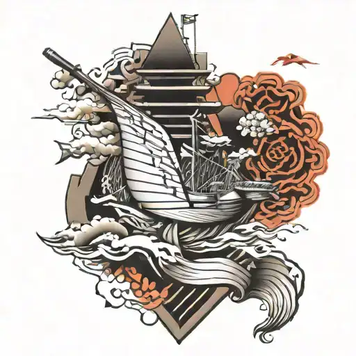 Tatoo, forearm, Mixed hitech skyscraper design with sailing sport boat ang guitar, symbolical, Black and white tattoo design idea