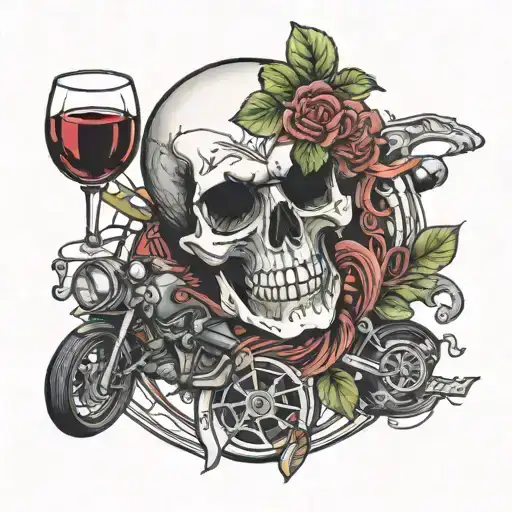 bmw skull  with oxytocin, a bike wheel, and a wine glass  tattoo design idea