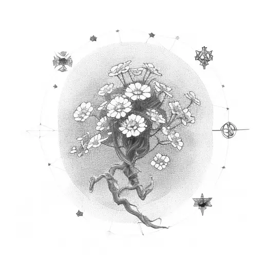 geranium with the constellations of piscis and Libra at the back tattoo design idea