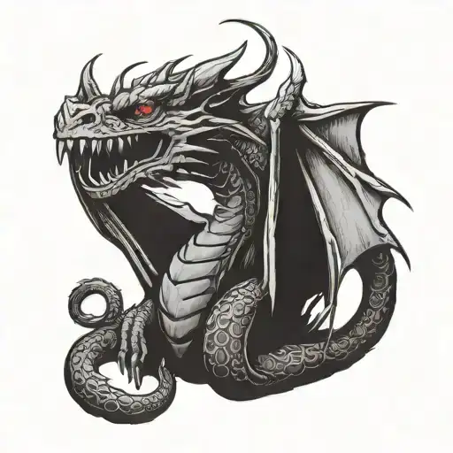 aggressive dragon holding a shiny heart with its claws, guarding it and looking at it with a loving face tattoo design idea