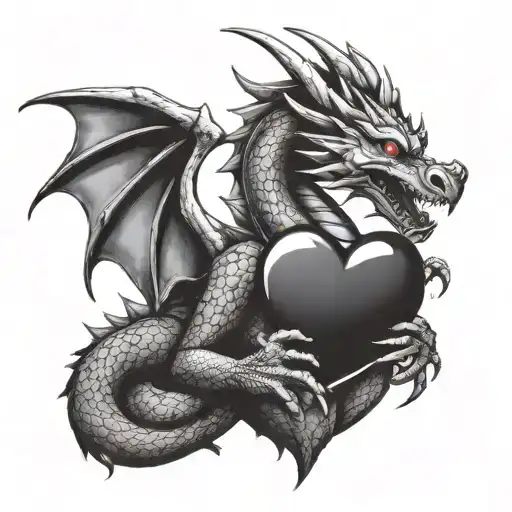 aggressive dragon holding a shiny heart with its claws, guarding it and looking at it with a loving face tattoo design idea