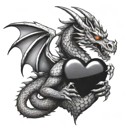 aggressive beautiful dragon holding a shiny heart with its claws, guarding it and looking at it with a loving face tattoo design idea