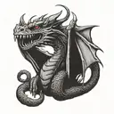 aggressive dragon holding a shiny heart with its claws, guarding it and looking at it with a loving face tattoo design idea