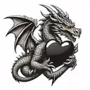 aggressive dragon holding a shiny heart with its claws, guarding it and looking at it with a loving face tattoo design idea