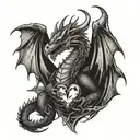 aggressive dragon holding a shiny heart with its claws, guarding it and looking at it with a loving face tattoo design idea