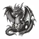 aggressive dragon holding a shiny heart with its claws, guarding it and looking at it with a loving face tattoo design idea