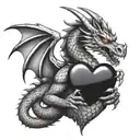 aggressive beautiful dragon holding a shiny heart with its claws, guarding it and looking at it with a loving face tattoo design idea