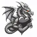 aggressive beautiful dragon holding a shiny heart with its claws, guarding it and looking at it with a loving face tattoo design idea