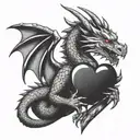 aggressive beautiful dragon holding a shiny heart with its claws, guarding it and looking at it with a loving face tattoo design idea
