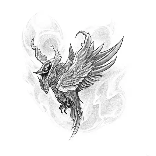A detailed black and grey tattoo of a bird transforming into a demon mid-flight tattoo design idea