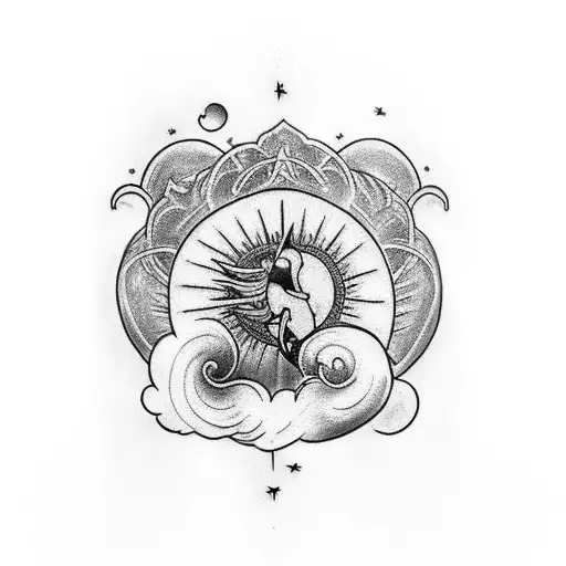 tattoo sleeve  in loving memory at the top in a scroll. clouds, sun and doves on upper arm. stairs leading to heavens ga tattoo design idea