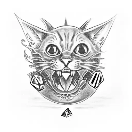 cat skull with d20 in the mouth. satanic star in the head, flames background tattoo design idea