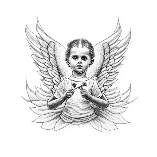 A dotwork tattoo of a beautiful angel holding a pencil and sketching a portrait of your grandma, symbolizing your love for drawing and your admiration for her tattoo design idea