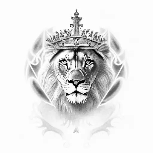 A black-grey tattoo of a majestic lion wearing a crown, surrounded by angel numbers and a banner that reads 'God's Messenger', representing your faith and love for animals tattoo design idea