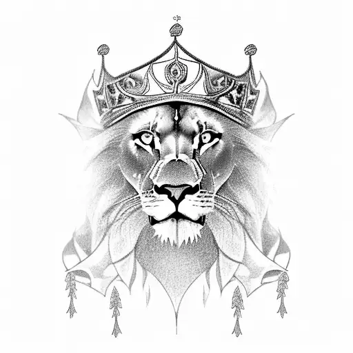 A black-grey tattoo of a majestic lion wearing a crown, surrounded by angel numbers and a banner that reads 'God's Messenger', representing your faith and love for animals tattoo design idea