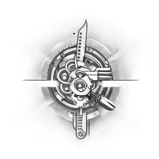 A badass female mechanic surrounded by tools and gears tattoo design idea