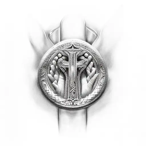 A realistic depiction of Mjolnir surrounded by a rosary in the shape of praying hands tattoo design idea