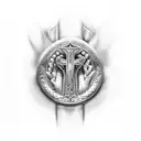A realistic depiction of Mjolnir surrounded by a rosary in the shape of praying hands tattoo design idea