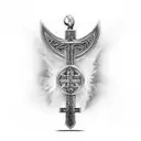 A realistic depiction of Mjolnir surrounded by a rosary in the shape of praying hands tattoo design idea