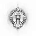 A realistic depiction of Mjolnir surrounded by a rosary in the shape of praying hands tattoo design idea