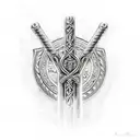 A realistic depiction of Mjolnir surrounded by a rosary in the shape of praying hands tattoo design idea