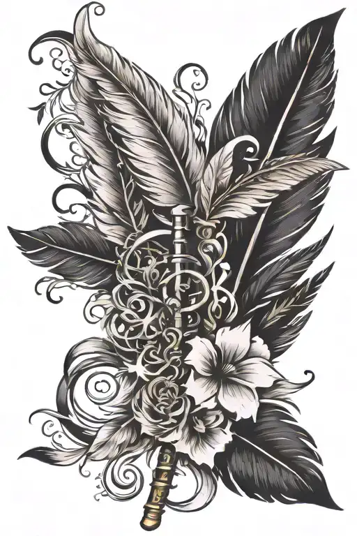 feather pen writing lyrics music notes intertwined tattoo design idea