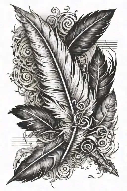 feather pen writing lyrics music notes intertwined tattoo design idea