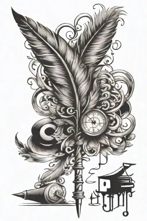 feather pen writing lyrics music notes incorporated tattoo design idea