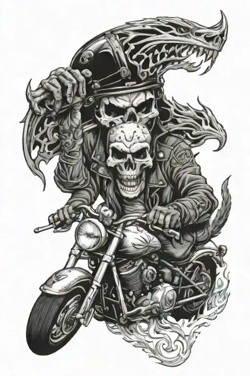 A skull wearing a hellsangels helmet riding a motorcycle surrounded by dotwork flames and a mischievous cat peeking out from behind tattoo design idea