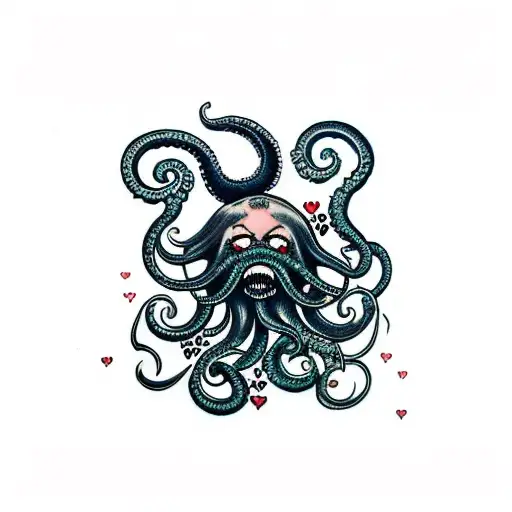 female kraken with hearts  tattoo design idea